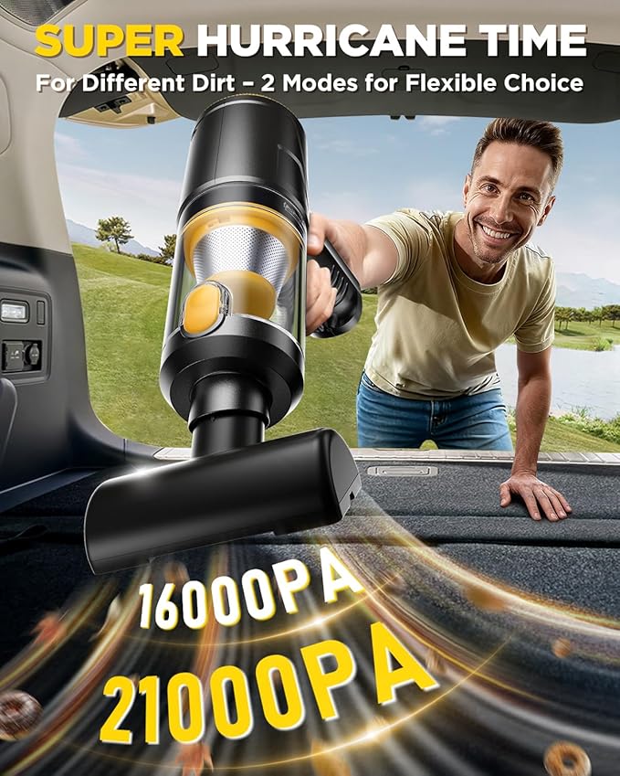 Handheld Vacuum Cleaner 21000Pa Suction with Brushless Motor 4-in-1 Portable Mini Car Vacuum with 2 Suction Modes Cordless Vacuum with LED Light Type-C Charge for Car Office Desk Keyboards