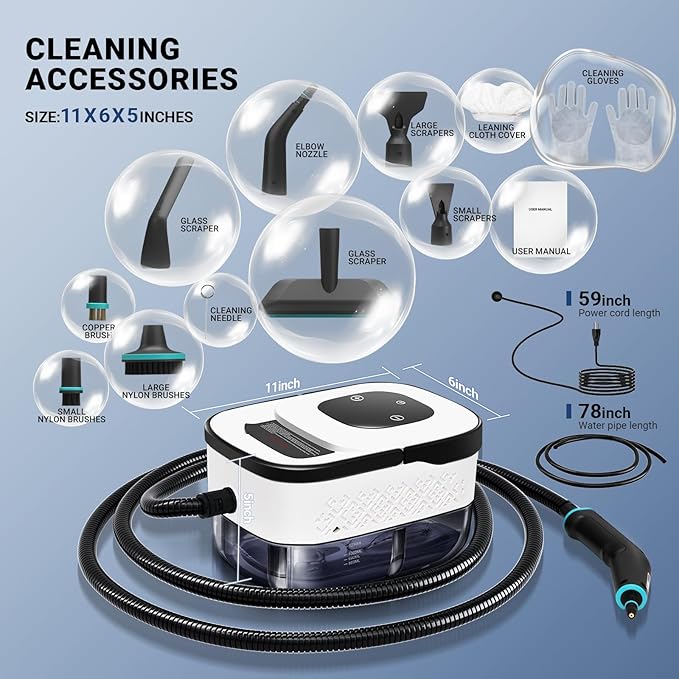 Heapsion Steam Cleaner Steamer for Cleaning with 15s Heat-Up 6 Adjustable Levels Large 1.32 Quarts Tank Pressurized Handheld Steam Cleaner for Home Dirt Grease Grout TileFloor Car 12 pcs
