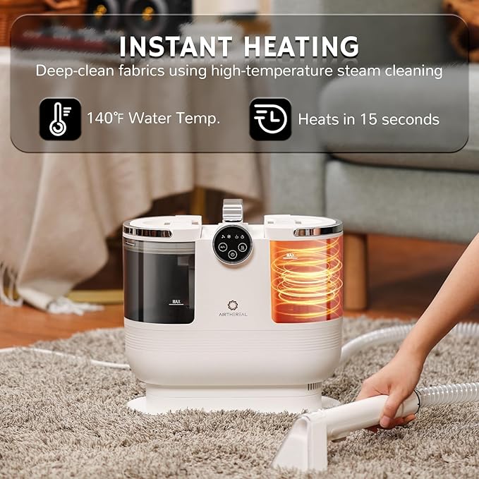 Airthereal Portable Upholstery Spot Cleaner Instant Heating Carpet Cleaner Machine Shampooer Machine with Self-Cleaning 14 Kpa Stain Remover Deep Cleaner for Pets Stairs Car Seat and Couch