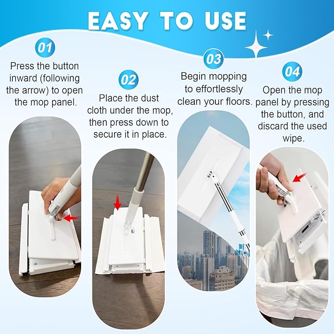 Snap Grip Mop Cloth Changing Mop Zero Touch Lazy Mopa with Automatic Cloth Changing Wet &amp Dry Dust Mopping for Hardwood Vinyl Laminate Tile Includes 20 Dry Pads Home Cleaning Essential (Wh