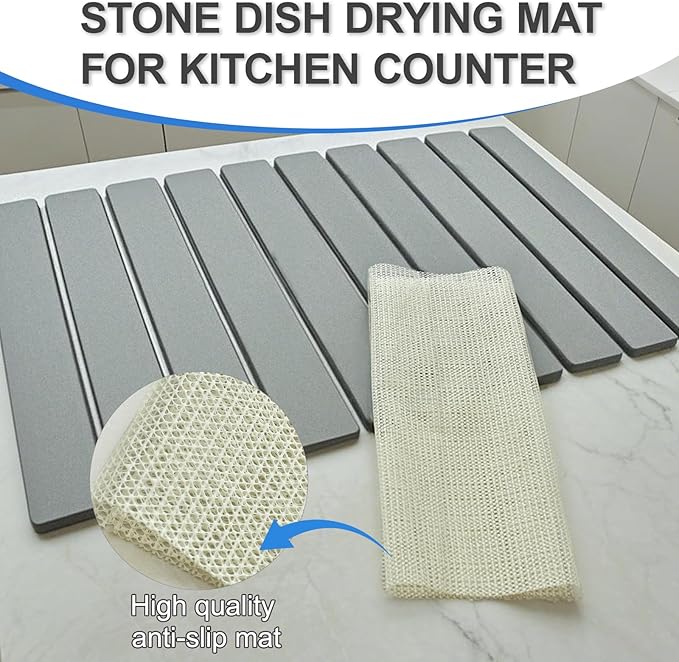 Dish Drying Mat Stone Drying Mat for Kitchen CounterLarge Foldable Diatomaceous Stone Dish Drying Mat Quick Dry Stone Mat for Kitchen Counter ( Dark Gray 24×16)