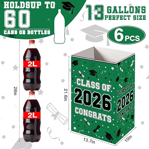 Tinlade 6 Pack 2026 Green Graduation Decoration 13 Gallon Disposable Trash Cans Class of 2026 Party Garbage Bins Large Waterproof Foldable Recycle Pop up Bins for Graduation Party School