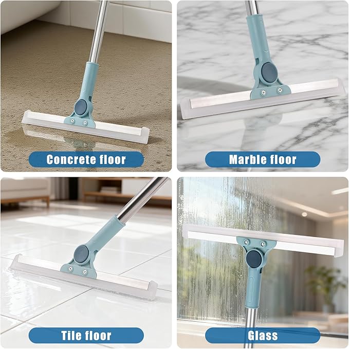 Flat Mop and Bucket Set with Floor Squeegee Heavy Duty Scrub Brush 2 Washable Reusable Microfiber Pads for Tile Hardwood Wall Cleaning Home Indoor or Outdoor Cleaning (White-Gray)