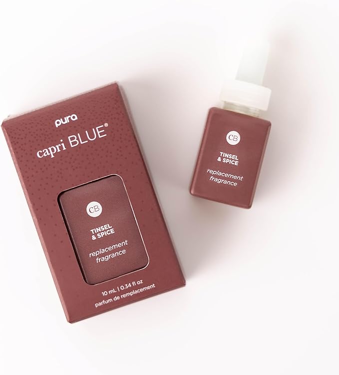 Capri Blue x Pura 4 - Smart Fragrance Diffuser Plug in Kit - Includes 1 Pura Diffuser + 2 Fragrance Refill Vials - Long Lasting Scents - LED Light - 2.4 GHz WiFi Required (Tinsel &amp Spice + Volcano