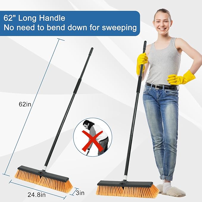 PBHEPJ 24 Inchs Push Broom Outdoor Heavy Duty Shop Broom with 60 Long Handle for Cleaning Outdoor or Indoor Tile Garage Shop Deck Concrete Wood Stone Patio Floor 2 Pack