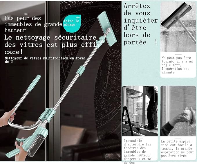 Window Cleaner Tool Kit with Telescopic U Shaped PoleSqueegee for Window WashingWater SprayableRotatable Cleaning HeadClean Inside and Outside Windows Without Leaving Dead Ends