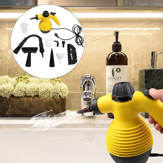 Handheld Pressurized Steam Cleaner with 9-Piece Accessory Set Multifunctional Steam Cleaning for Car Home Bedroom Chemical-Free Yellow