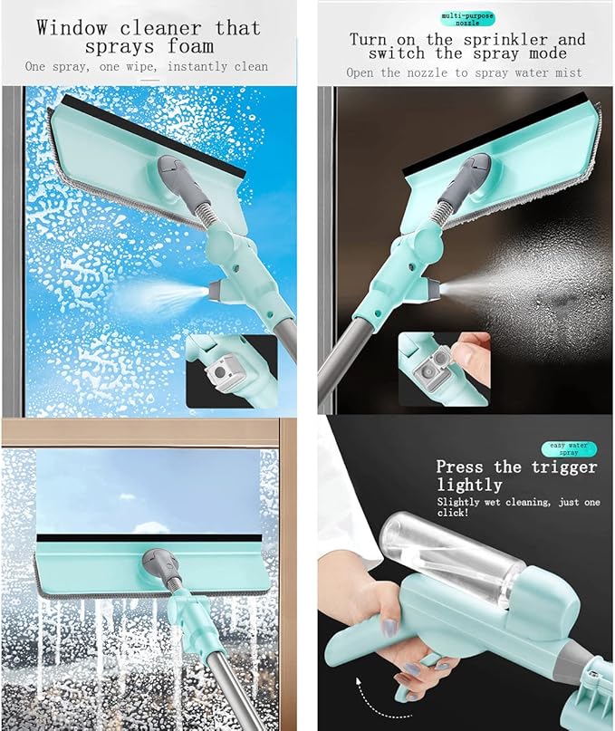 Window Cleaner Tool Kit with Telescopic U Shaped PoleSqueegee for Window WashingWater SprayableRotatable Cleaning HeadClean Inside and Outside Windows Without Leaving Dead Ends