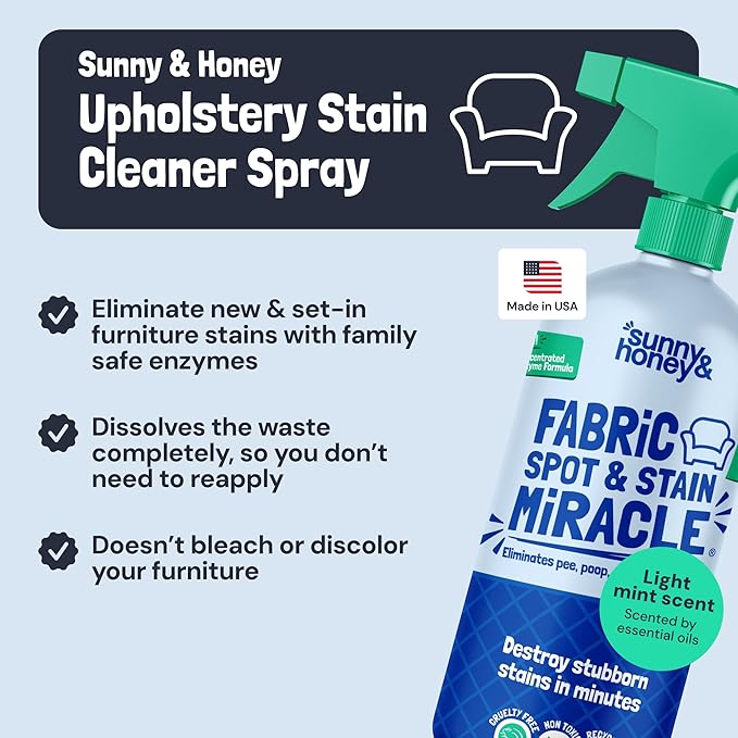 Sunny &amp Honey Upholstery Cleaner Spray - No Discoloration - Pet &amp Kid Safe Stain Remover - Multi-Surface Furniture &amp Sofa Cleaner Spray - Fast-Drying Pet Stain Remover (32 fl oz Mint)