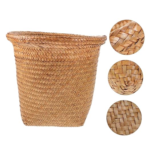 Kichvoe Woven Straw Wastebasket Medium Versatile Trash Bin for Office Bedroom Living Handmade Rubbish Container for Paper Tissues and Storage Random Color