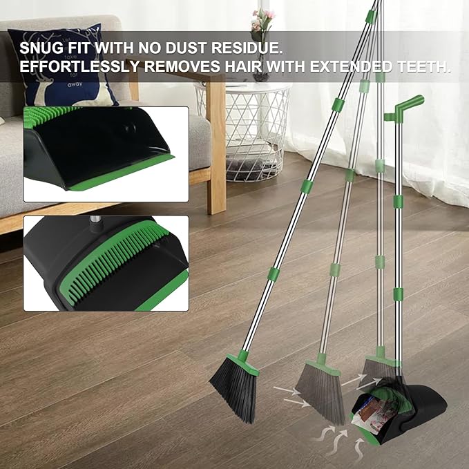 Green Broom with Dustpan Combo Set 51 Long Handle Household Cleaning Tool Ideal Broom and Dustpan Set for Pet Hair and Home Use