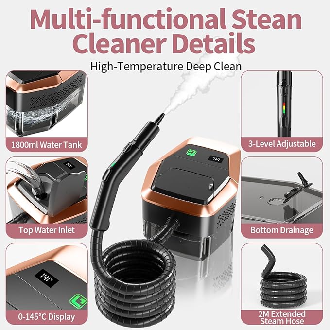 Steam Cleaner for Home &amp Car 3-Level Adjustable Steamer for Cleaning with Temp Display15s Fast Heat1.8L Large Tank 4Bar Powerful Steam for GroutGreaseTileCouchToilet Car DetailingWindows