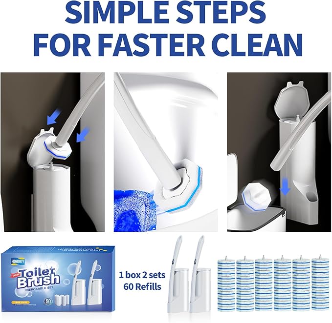 Disposable Toilet Brush Cleaning System Two Sets of Wands and 60p Refills Pads Replacement Heads Wall Mounted Toliet Stick Wand Starter Kit Bathroom Maintenance Toilet Bowl Cleaner Holder