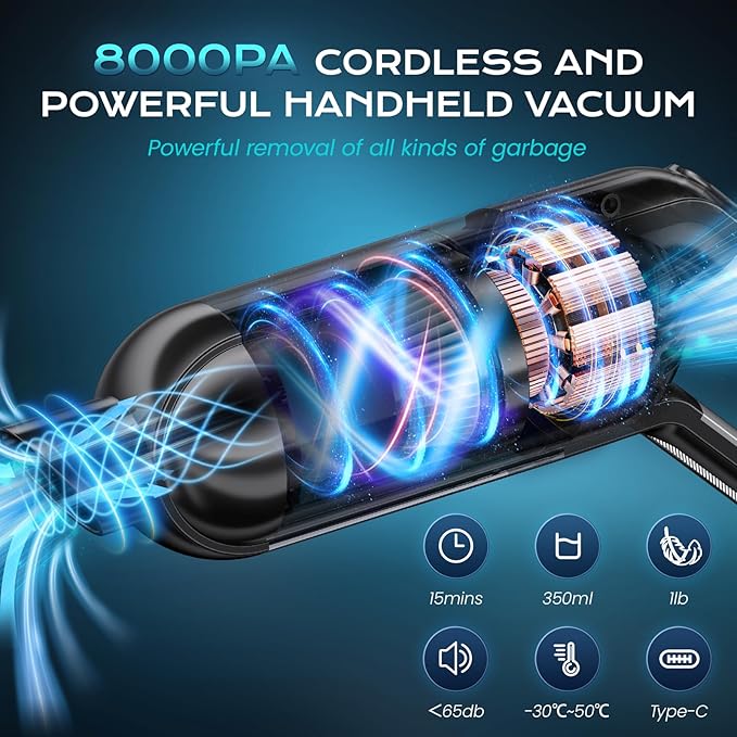 Handheld Vacuum Cordless Portable Car Vacuum with LED LightRechargeable Small Vacuum Cleaner with Powerful SuctionLightweight Vacuum Cleaner for Car Home Office Pet HairBlack