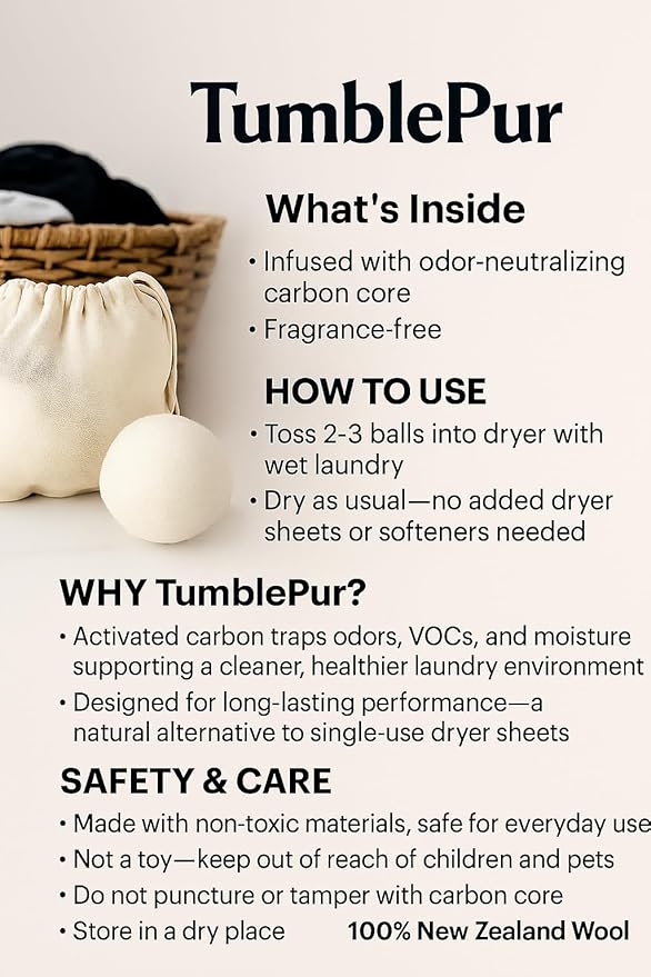 XL Wool Dryer Balls (3-Pack) with Activated Carbon – Odor Eliminating &amp Fragrance-Free Laundry Deodorizer Natural Fabric Softener Alternative Reusable Eco-Friendly Dryer Balls
