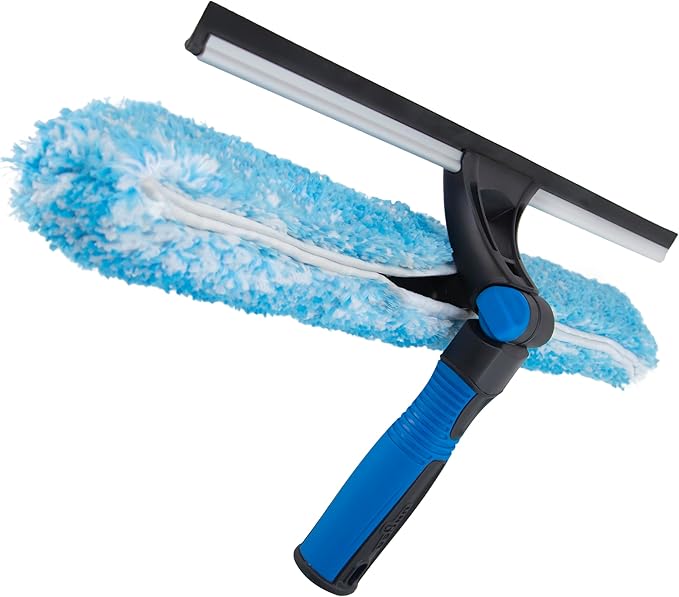 Unger Professional Connect and Clean 18” Proflex 2-in-1 Squeegee and Scrubber High Access Window Cleaning Tool with Pivoting Head Commercial and Residential Use Reusable Microfiber Sleeve