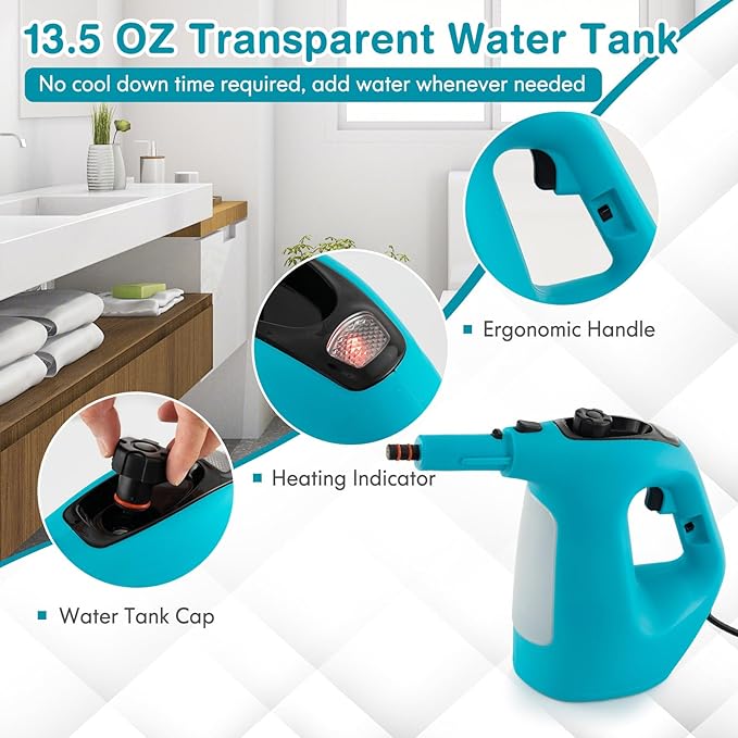 Handheld Steam Cleaner 1400W Pressurized Steamer with 17 Pieces Accessory Set &amp Child Lock Multipurpose Portable Steam Mop for Home Use Floors Windows Cars Sofas (Blue)