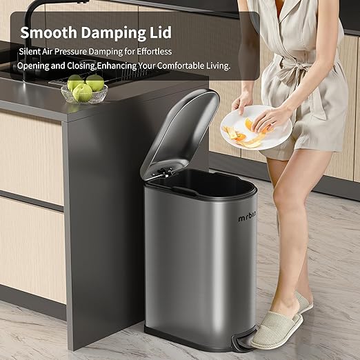 MRBIN Stainless Steel Kitchen Trash Can with Lid 10.5 Gal / 40L Slim Step Commercial Waste Basket with Inner Bucket Soft Close Covered Skinny for Narrow Bedroom Living Room Rvs Eclipse Grey