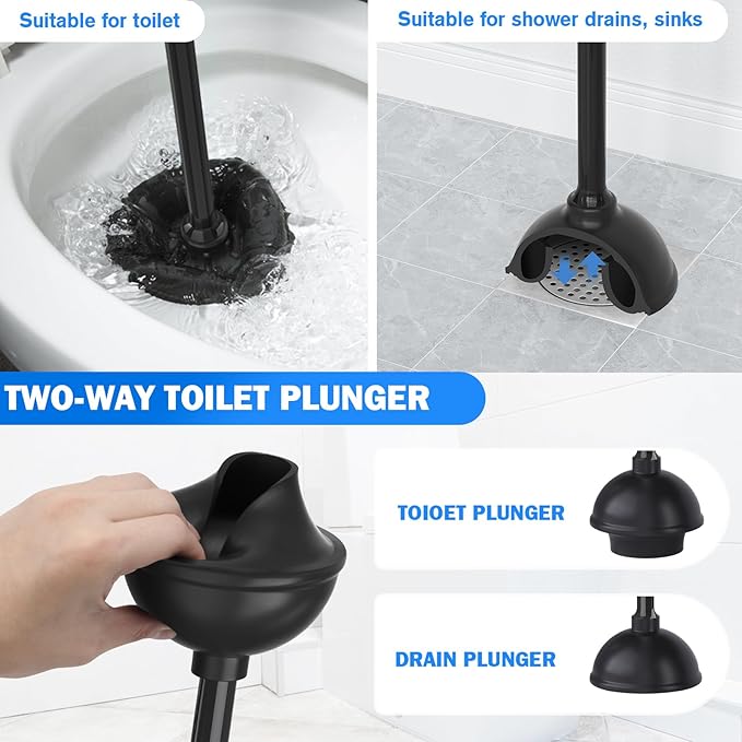 Toilet Plunger and Brush Set2 Pack Bowl Brush and Heavy Duty Toilet Brush with Ventilated Holder 2-in-1 Toilet Brush and Plunger Combo for Bathroom Deeply Cleaning（Black）
