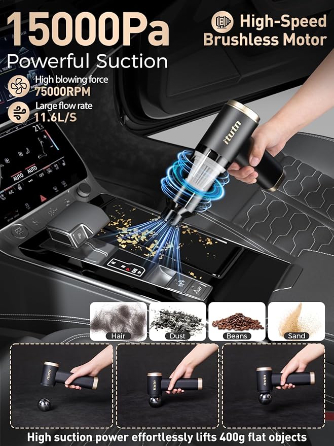 Mini Car Vacuum Cleaner 15000PA Powerful Suction Portable Cordless Vacuum for Car Handheld Small Vacuum Cleaner &amp Air Duster for Home DeskPC Keyboard (Mini Vacuum + 11 attachments)