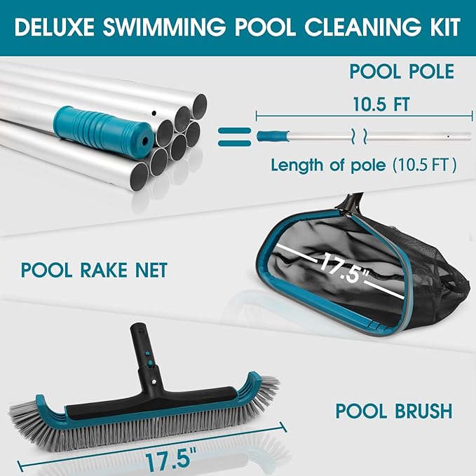 Swimming Pool Cleaning Kit - Aluminum Frame Skimmer Net with 10Ft Adjustable Pole &amp 17.5” Pool Brush Head Pools Maintenance Kits for Inground &amp Above Ground Swimming Pools Removes Debris