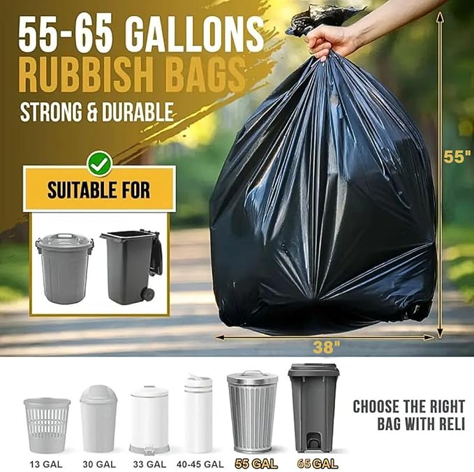 50 55 60 Gallon Trash Bags 150 Count High Density Garbage Bags Recycling Trash Can Liners Sturdy &amp Tear-Resistant Large Black Bag for Kitchen Yard Outdoor Commercial Use Lawn Leaf Waste Bags