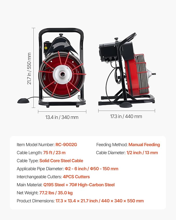 VEVOR Drain Cleaner Machine 75 FT x 1/2 Inch Sewer Snake Auger Manual Feed with 4 Cutters &amp Air-activated Foot Switch for 2 to 6 Pipes