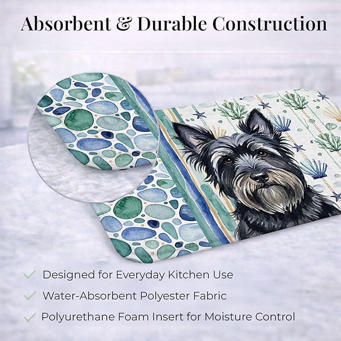 Caroline's Treasures Black Skye Terrier Coastal Sea Glass Dish Drying Mat Absorbent Dish Drying Mat Pad for Kitchen Counter Dish Drainer Mat for Countertop 14 x 21 Multicolor