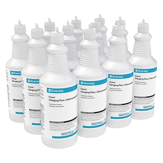 Diversey CREW 9302467 Clinging Plus Toilet Bowl Cleaner Commercial Strength Formula Cleans Urinals Ceramic Porcelain Unscented Green Liquid Ready-to-Use Squeeze 32-Ounce (Pack of 12)