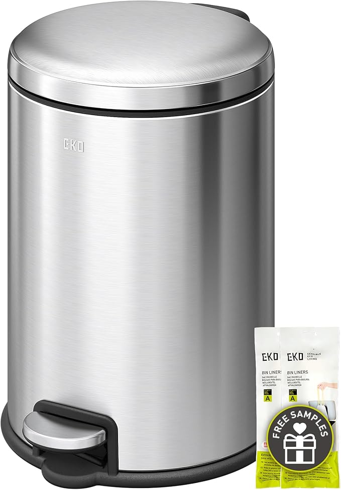 EKO Serene 5L / 1.32 Gallon Step Trash Can with Lid Small Stainless Steel Round Garbage Can with Removable Inner Bucket Compact Bin for Powder Rooms Offices &amp Tight Bathroom Spaces.