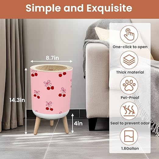 Bathroom Trash Can with Lid Seamless Abstract Cherries Coquette Bows for Packaging Fabric Room Garbage Bin Waste Basket for Kitchen Office Bedroom Decoration Diaper Pail 1.8 Gallon