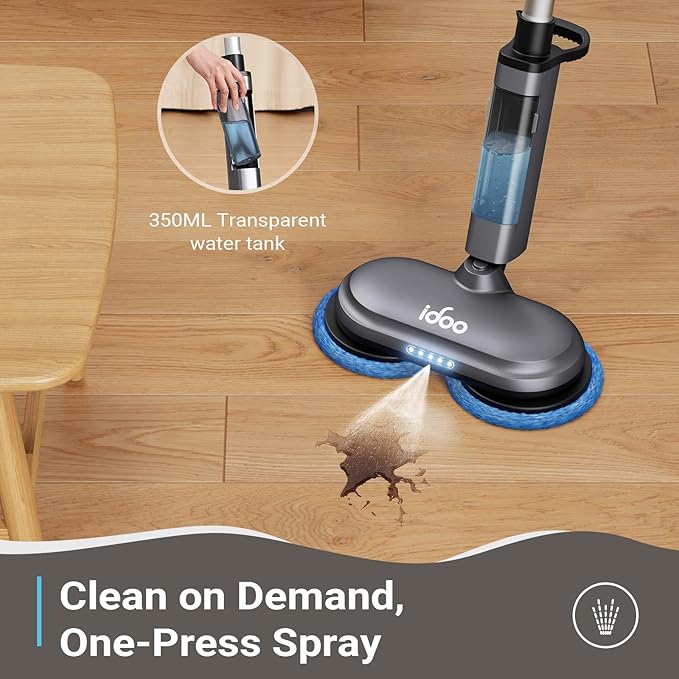 iDOO Cordless Electric Mop Rechargeable Spin Mop with Water Spray &amp LED Headlight Quiet Self Propelled Floor Cleaner Washable Pads &amp 350ml Water Tank Lightweight Floor Scrubber for All Flo