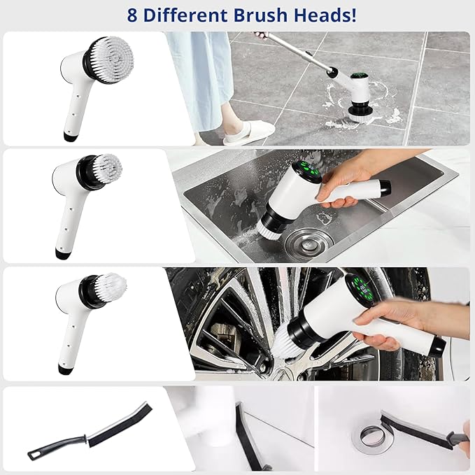 Electric Spin Scrubber Cordless Power Cleaning Brush with 8 Replaceable Heads 2 Adjustable Speeds LED Display &amp Long Handle Ideal for Bathroom Tub Tile Floor Car Cleaning