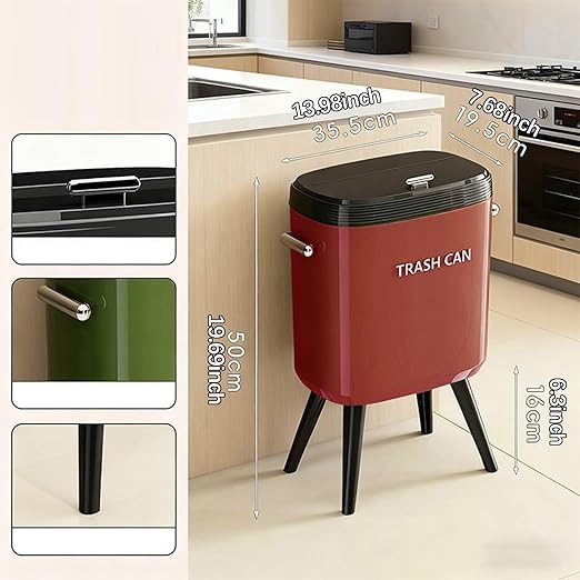 Garbage Can with Legs Dustbin High Foot 15L Large Capacity Household No Bending Wastebasket for Office Bedroom Kitchen Toilet Red