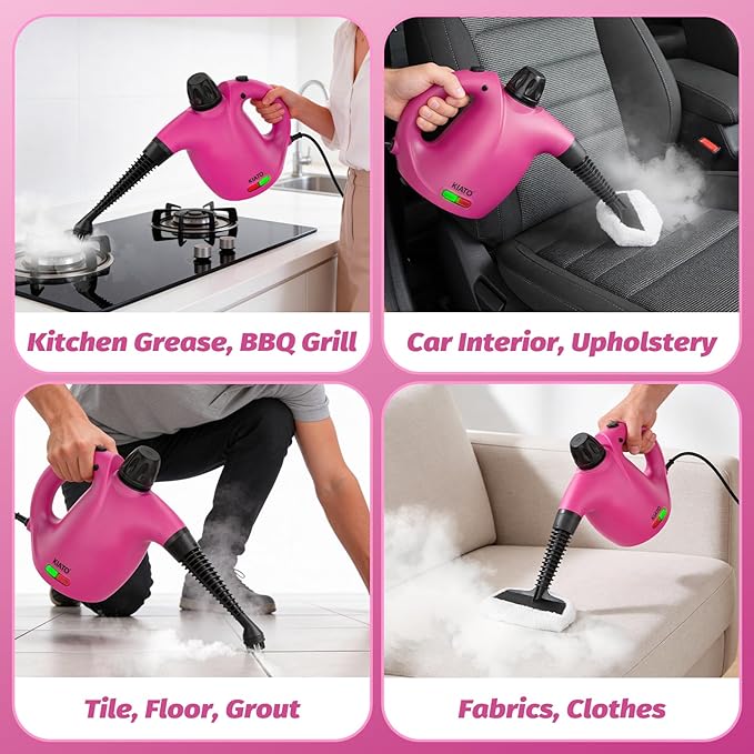 KIATO Handheld Steam Cleaner Hand Held Steamer for Cleaning Home Portable Pressurized Steamers for Upholstery Furniture Sofa Couch Floor Tile Grout Bathroom Pink SC23
