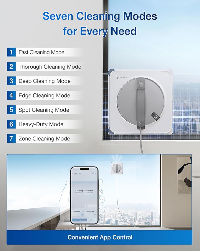 ECOVACS WINBOT W2S Window Cleaning Robot Intelligent Edge-to-Edge Cleaning with TruEdge Scrubbers 3 Water Nozzles 10-Level Safety System Win-SLAM 4.0 Route Planning Even Climbing System