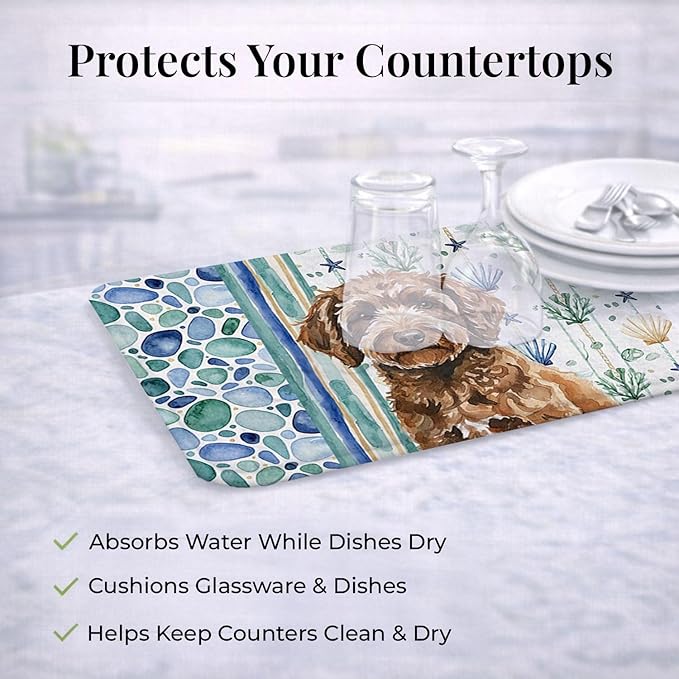 Caroline's Treasures Spanish Water Dog Coastal Sea Glass Dish Drying Mat Absorbent Dish Drying Mat Pad for Kitchen Counter Dish Drainer Mat for Countertop 14 x 21 Multicolor