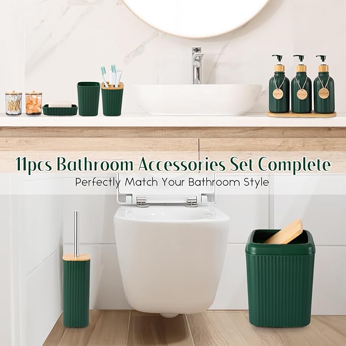 Bathroom Set 17PCS Bathroom Accessories with Trash Can 3PCS Lotion Soap DispenserBathroom Accessories Set Green Bathroom Sets for Bathroom Decor