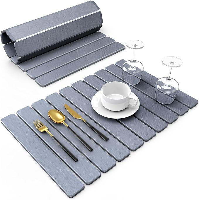 Large Stone Dish Drying Mat for Kitchen Counter 24(L)×16(W) Collapsible Quick Dry Stone Dish Mats Super Absorbent Diatomaceous Earth Drying Pad for Dishes Bottles Cups Countertops (Black Grey)