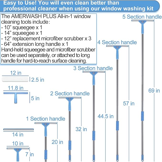 Window Squeegee Washing Kit for High Window Shower Glass Door Mirror Cleaning with 69-inch Extension Pole Extra 14'' Wide Squeegee and 2 Microfiber Scrubbers Included
