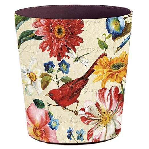 Leather Trash Can Retro Decorative Waste Basket 10L Capacity Small Waste Paper Basket Waterproof Garbage Can for Bathroom Bedroom Office Kitchen and Living Room - Red Bird