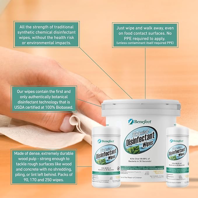 Benefect Botanical Disinfecting Wipes - (250 Wipe Count) Natural No Residue - Antibacterial Disinfectant Multi-Surface Cleaning and Sanitizing Wipes