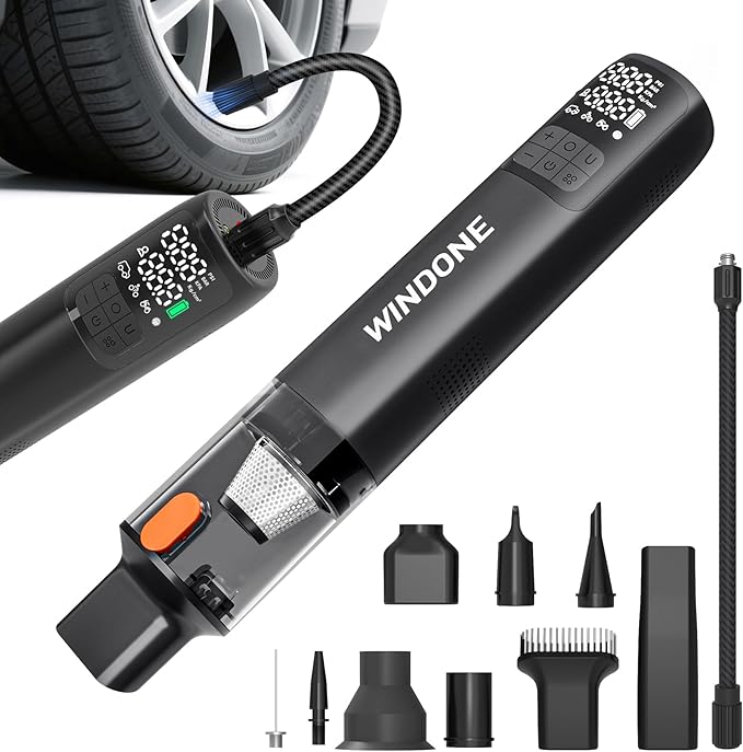 Windone Car Vacuum 12000Pa 2-in-1 Cleaner &amp Tire Inflator 150PSI 60W Brushless Motor Cordless Handheld Vacuum &amp Air Pump with Pressure Gauge LED Light Multi-Nozzles for Car Home Office