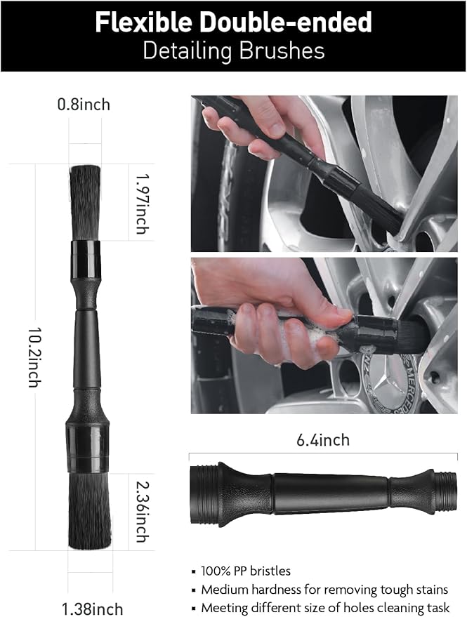 Fantasticlean 7PCS Car Wheel Cleaning Pro Kit Tire Brush Soft-bristled Rim Brush Microfiber Flat Wheel Brush Double-Ended Detailing Brush Detailing Pads Scratch-Free &amp Multipurpose