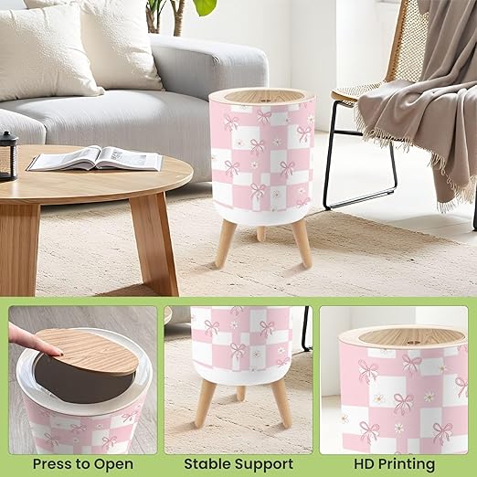 Bathroom Trash Can with Lid Pink White Checkered Seamless Daisies Bows for Cute Feminine Designs Garbage Bin Waste Basket for Kitchen Office Bedroom Decoration Diaper Pail 1.8 Gallon