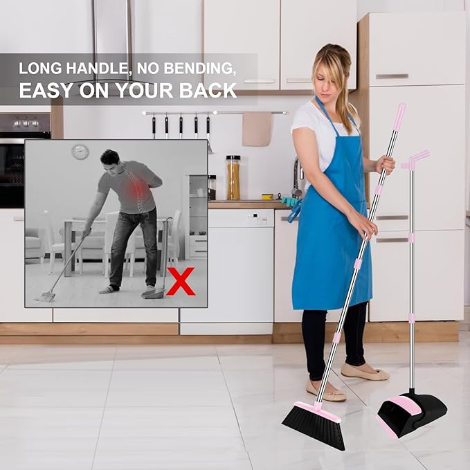 Pink Broom with Dustpan Combo Set 51 Long Handle Household Cleaning Tool Ideal Broom and Dustpan Set for Pet Hair and Home Use