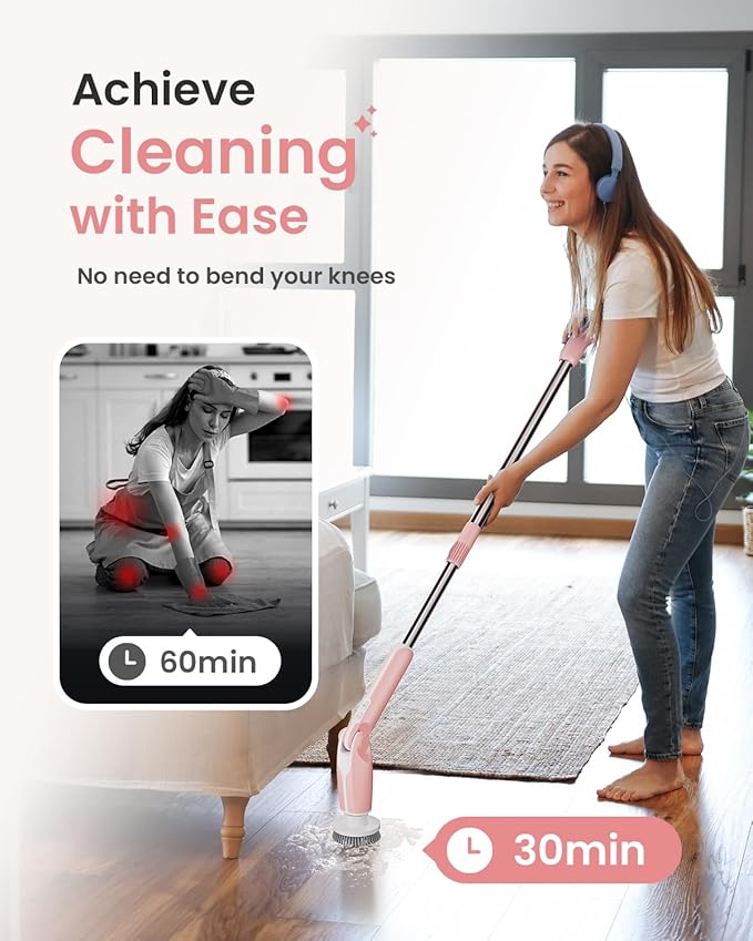 Leebein Electric Spin Scrubber Shower Scrubber with 4 Adjustable Angles and 8 Brush Heads Electric Scrubber with Long Handle &amp Remote Controller Cleaning Brush for Bathroom Tub Floor (Pink)