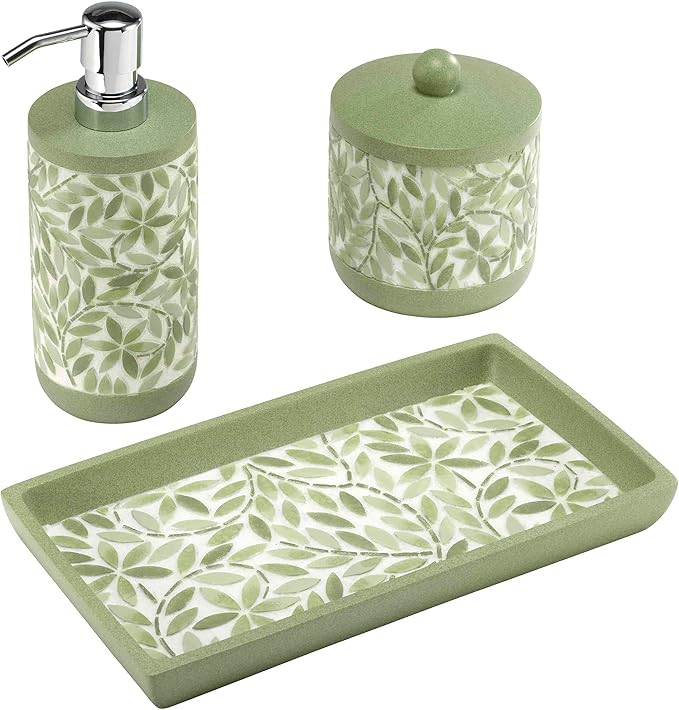 Avanti Linens - Bath Set 3pc Countertop Accessories Resin Lotion Pump Covered Jar &amp Vanity Tray (Stratford Collection Green)