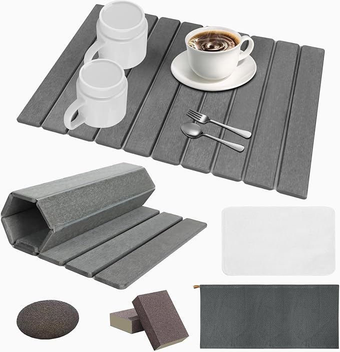 Large Stone Dish Drying Mat for Kitchen Counter with 3 Sanding block and Towel 24×16 Quick Drying Diatomaceous EarthSuper Absorbent Anti Slip MatBirthday Gfts for Women Mom Grandma Dark Gray
