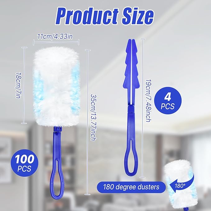 100 Pcs Duster Refills Bulk Thickened Duster Refill Electrostatic Duster Head Duster Refills for Cleaning with 4 Handles Disposable Duster Refills for Cleaning Blinds Ceiling Fans(Blue)